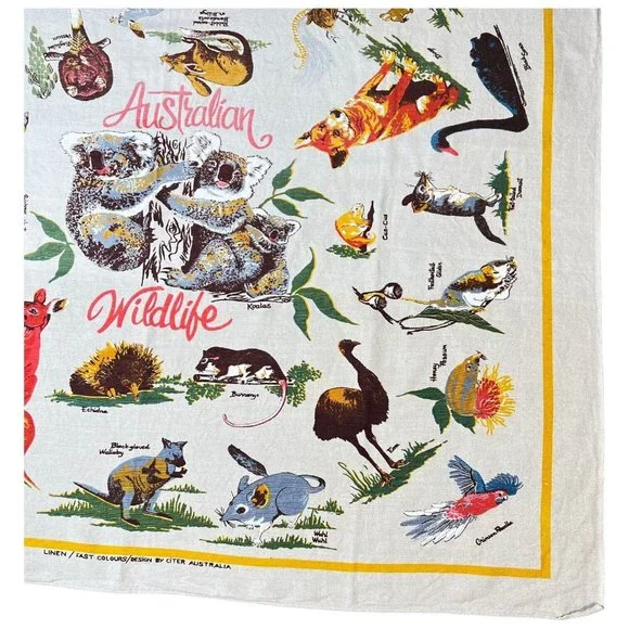 Vintage Wildlife Of Australia Linen Tablecloth Wall Hanging Koala Bear 52” X 45” - Picture 6 of 9